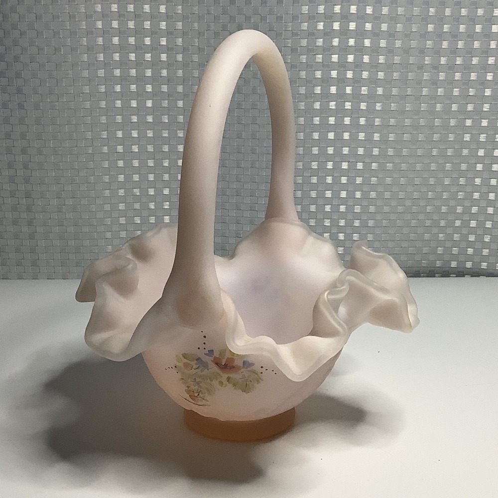 Fenton Pink Satin Glass Basket Ruffle Hearts & Flowers Hand Painted w/ Signature